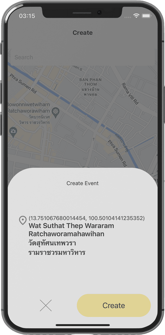 B-Drink app Create screen showing location selection and party creation form