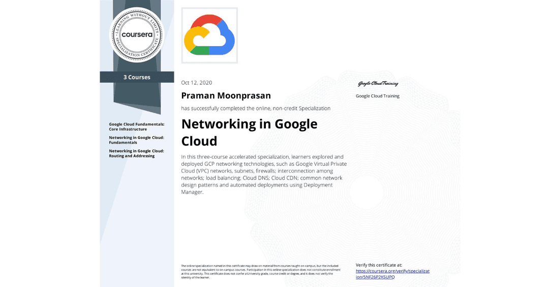 Certificate image for Networking in Google Cloud