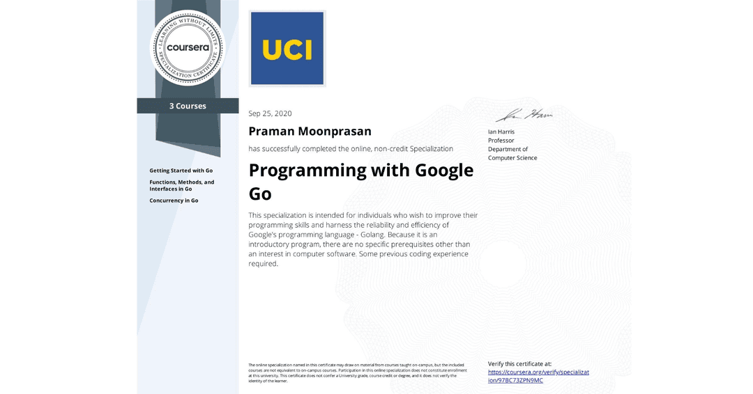 Certificate image for Programming with Google Go