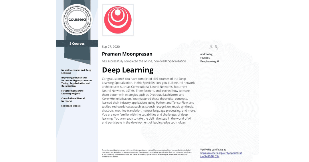Certificate image for Deep Learning